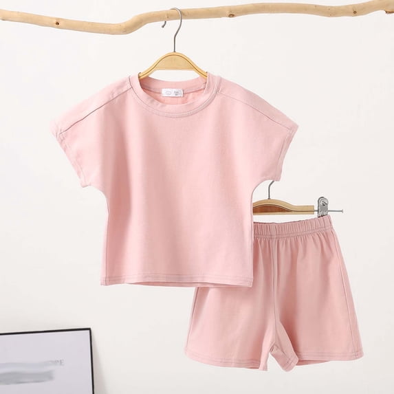 Boys & Girls Cotton Sets Two Piece Outfits Size 2-8 Toddlers Kids Casual Solid Color Short Sleeve Tops and Shorts Going-Out Loungewear Set