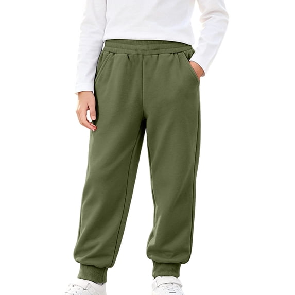Boys Girls Cotton Sweatpants with Pockets Elastic Waist Drawstring Sports Outdoor Hiking Joggers Kids School Uniform Lightweight Cuffed Pants Army Green 4-5 Years