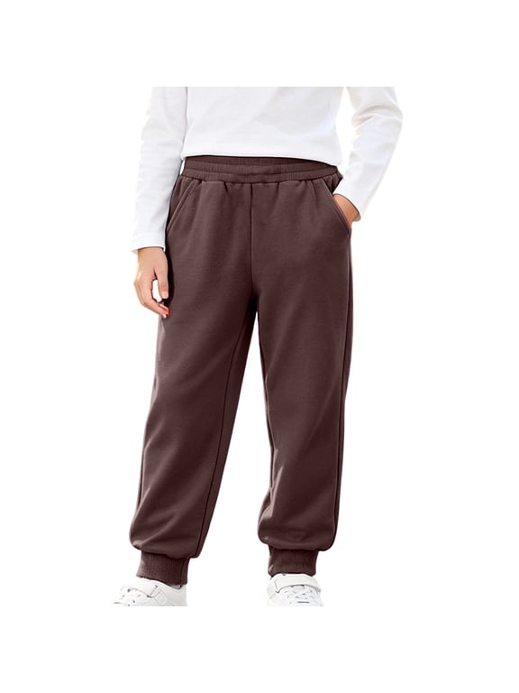 Boys Girls Cotton Sweatpants with Pockets Elastic Waist Drawstring Sports Outdoor Hiking Joggers Kids School Uniform Lightweight Cuffed Pants Coffee 12-13 Years