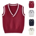 thumbnail image 1 of Boys' Girls' Cotton V Neck Sweater Vest with Striped Collar Ribbed Hem and Cuffs Stripe School Uniform Knit Years 1-15 Wine, 1 of 5