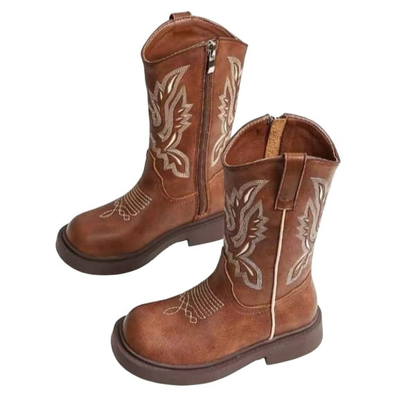 Boys Girls Cowboy Boots Trendy Embroidery Leather Round Toe Mid Calf Western Cowgirl Booties Side Zipper Fall Winter Long Riding Boots 1 Big Kid Coffee