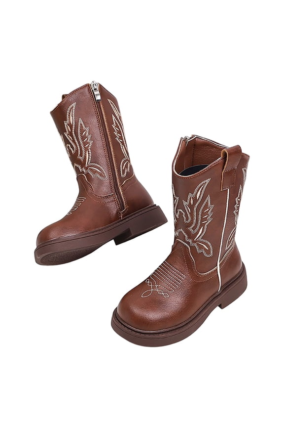 Boys Girls Cowboy Boots Trendy Embroidery Leather Round Toe Mid Calf Western Cowgirl Booties Side Zipper Fall Winter Long Riding Boots 10 Little Kid Brown
