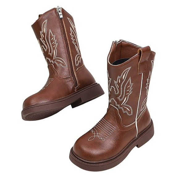 Boys Girls Cowboy Boots Trendy Embroidery Leather Round Toe Mid Calf Western Cowgirl Booties Side Zipper Fall Winter Long Riding Boots 11 Little Kid Brown