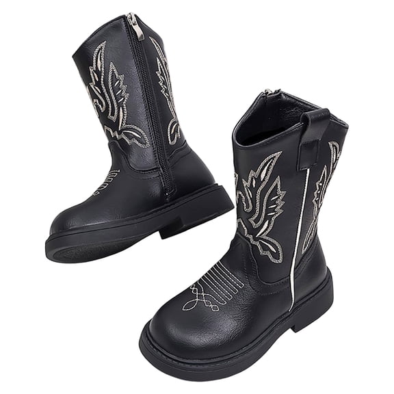 Boys Girls Cowboy Boots Trendy Embroidery Leather Round Toe Mid Calf Western Cowgirl Booties Side Zipper Fall Winter Long Riding Boots 12 Little Kid Black