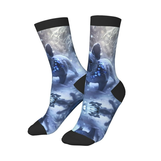 Boys Girls Crew Socks, Snowy Cute French Bulldog Comfortable and