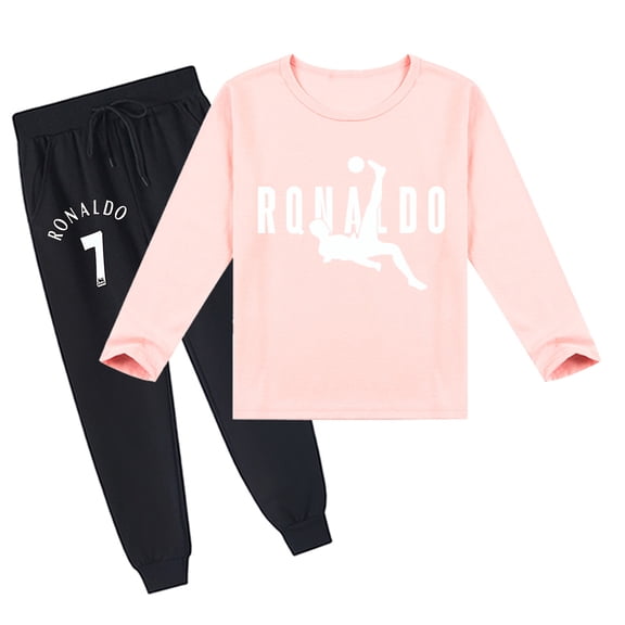 Boys Girls Cristiano Ronaldo Comfy Long Sleeve T-shirt and Pants Set, Breathable, Spring Autumn, Printed Design