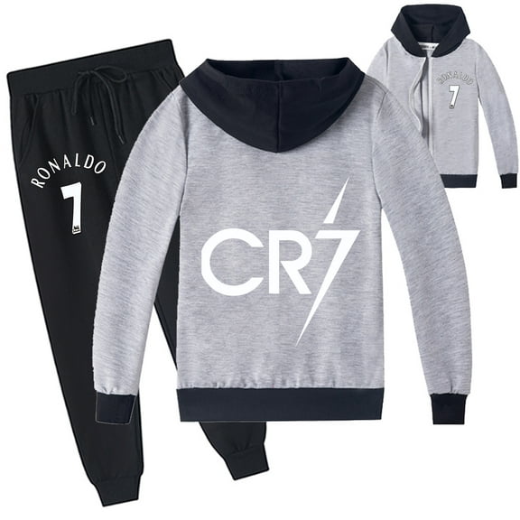 Boys Girls Cristiano Ronaldo Graphic Zipper Outwear Jacket Sweatshirt Hooded Sweatpants 2 Pieces Sweatsuit Outfits