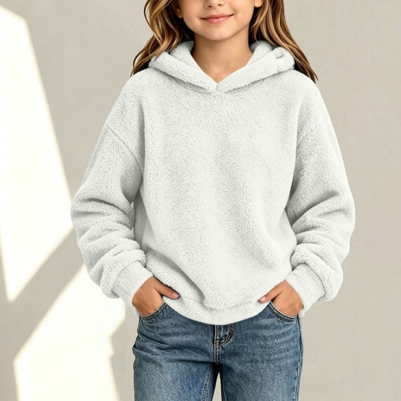 Boys Girls Cute Bear Ears Fleece Hoodies Solid Color Long Sleeve Pullover Tops Kids Fall Winter Thermal Comfy Fuzzy Clothes White 11-12 Years