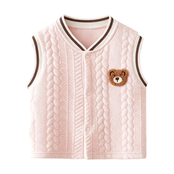 Boys Girls Cute Knit Vest Jacket Bear Fleece Lined Sleeveless V-Neck Snap Outerwear Kids Fall Winter Casual Thermal Comfy Outfits Pink 2-3 Years