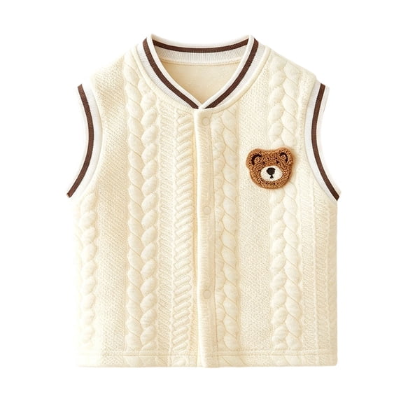 Boys Girls Cute Knit Vest Jacket Bear Fleece Lined Sleeveless V-Neck Snap Outerwear Kids Fall Winter Casual Thermal Comfy Outfits Yellow 12-18 Months