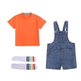 thumbnail image 1 of Boys Girls Denim Overalls Set of 3, Crewneck T-Shirt Denim Bib Short Jumpsuit and Socks Cute Workwear, 1 of 9