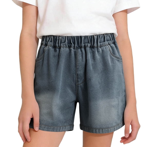 Boys Girls Denim Shorts Casual Mid Elastic Waist Baggy Jeans Shorts with Pockets Y2K Straight Leg Loose Shorts, 5-15Y Dark Blue