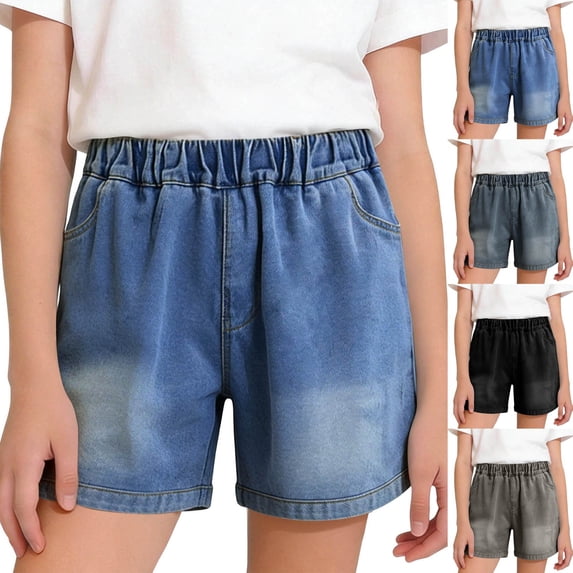 Boys Girls Denim Shorts Casual Mid Elastic Waist Baggy Jeans Shorts with Pockets Y2K Straight Leg Loose Shorts, 5-15Y Gray
