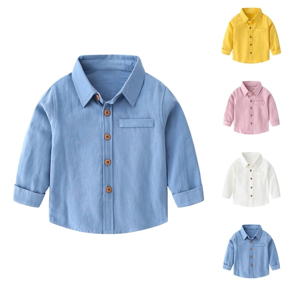 Boys Girls Dress Shirt Spring Fall Casual Long Sleeve Button Down Lapel Collared Plain Shirt