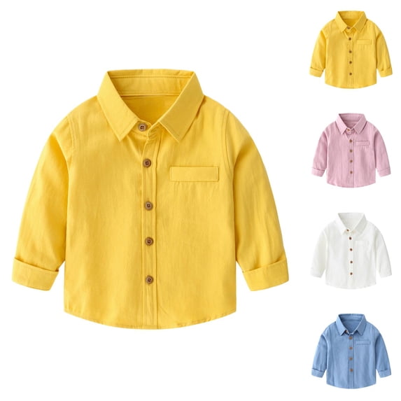 Boys Girls Dress Shirt Spring Fall Casual Long Sleeve Button Down Lapel Collared Plain Shirt