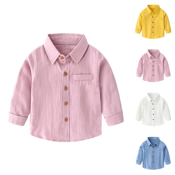 Boys Girls Dress Shirt Spring Fall Casual Long Sleeve Button Down Lapel Collared Plain Shirt
