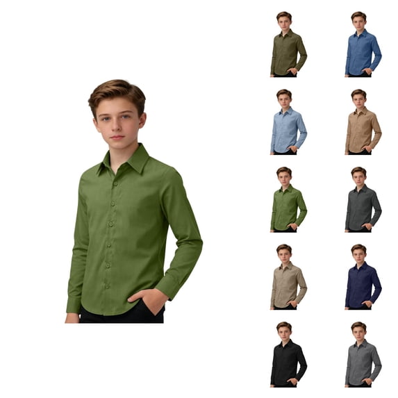Boys Girls Dress Shirt Spring Fall Cotton Linen Long Sleeve Button Down Lapel Collared Shirts