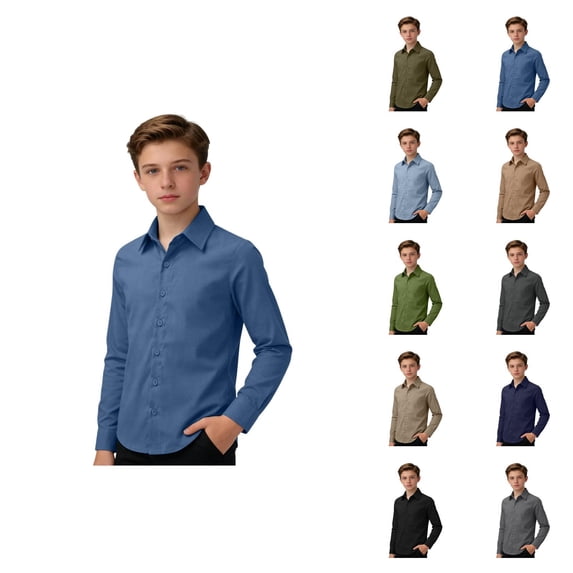 Boys Girls Dress Shirt Spring Fall Cotton Linen Long Sleeve Button Down Lapel Collared Shirts