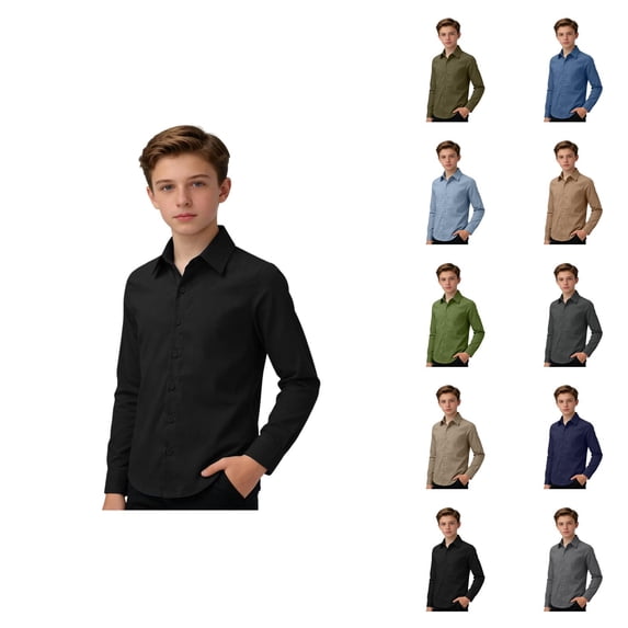 Boys Girls Dress Shirt Spring Fall Cotton Linen Long Sleeve Button Down Lapel Collared Shirts