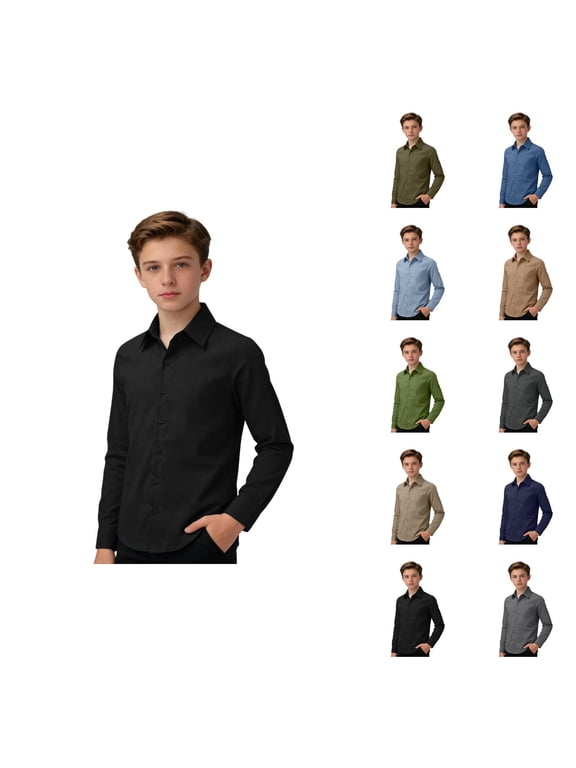 Boys Girls Dress Shirt Spring Fall Cotton Linen Long Sleeve Button Down Lapel Collared Shirts