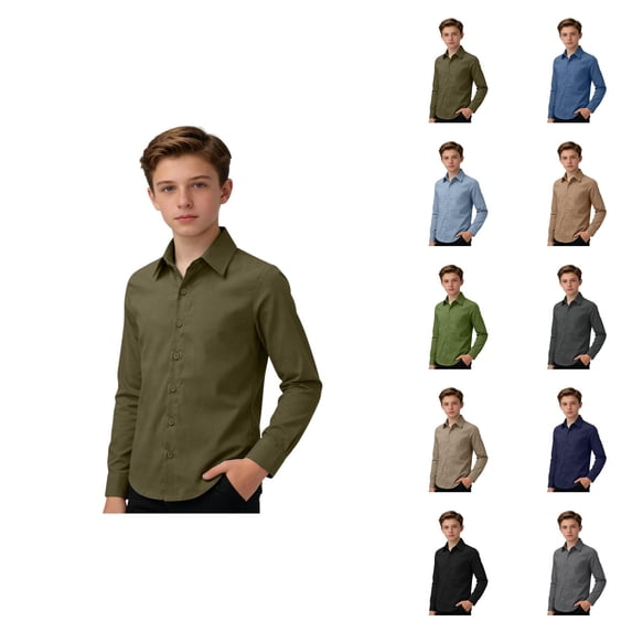 Boys Girls Dress Shirt Spring Fall Cotton Linen Long Sleeve Button Down Lapel Collared Shirts