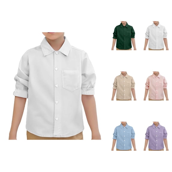 Boys Girls Dress Shirt Spring Fall Long Sleeve Button Down Lapel Collared Plain Basic Shirts with Chest Pocket
