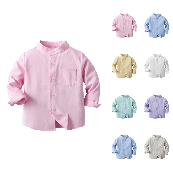 Boys Girls Dress Shirt Spring Fall Long Sleeve Button Down Stand Collared Plain Shirts with Chest Pocket