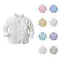 thumbnail image 1 of Boys Girls Dress Shirt Spring Fall Long Sleeve Button Down Stand Collared Plain Shirts with Chest Pocket, 1 of 9