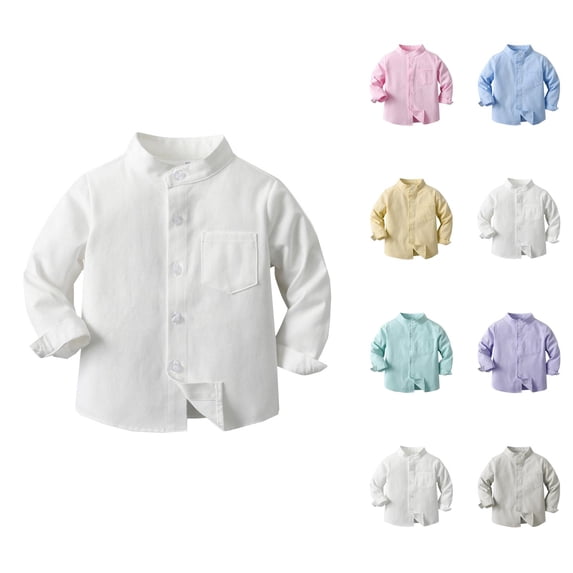 Boys Girls Dress Shirt Spring Fall Long Sleeve Button Down Stand Collared Plain Shirts with Chest Pocket
