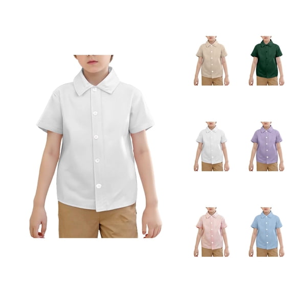 Boys Girls Dress Shirt Summer Short Sleeve Button Down Lapel Collared Plain Basic Shirts Kids Beach Shirt