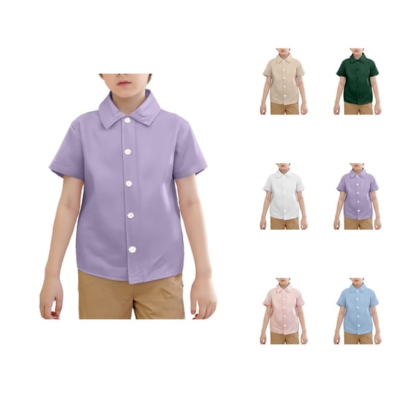 Boys Girls Dress Shirt Summer Short Sleeve Button Down Lapel Collared Plain Basic Shirts Kids Beach Shirt
