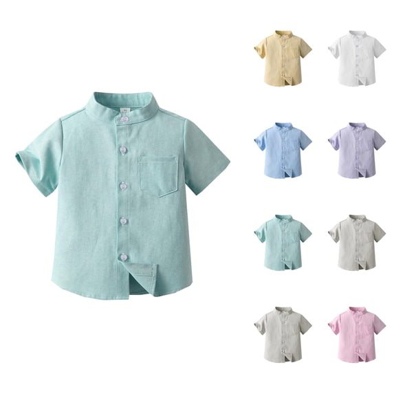 Boys Girls Dress Shirt Summer Short Sleeve Button Down Stand Collared Plain Tshirts with Chest Pocket