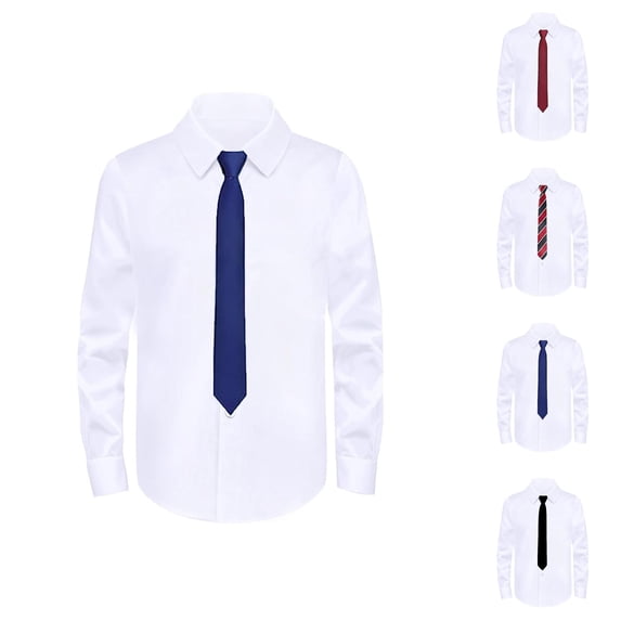 Boys Girls Dress Shirt with Tie Spring Fall Long Sleeve Button Down Lapel Collared Cotton Shirt