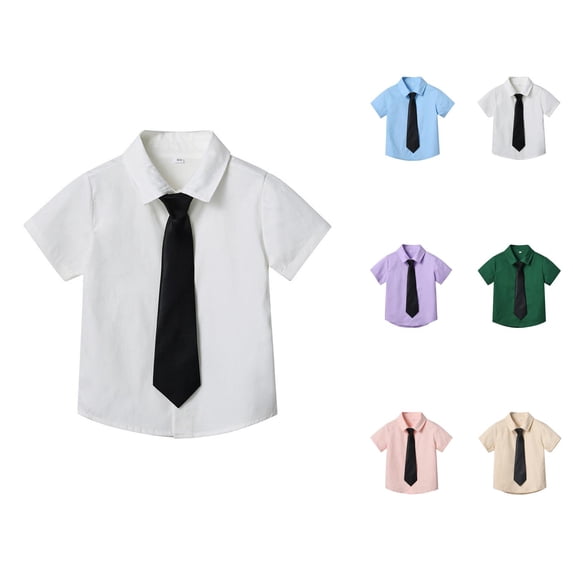 Boys Girls Dress Shirt with Tie Summer Short Sleeve Button Down Lapel Collared Plain Tshirts with Chest Pocket