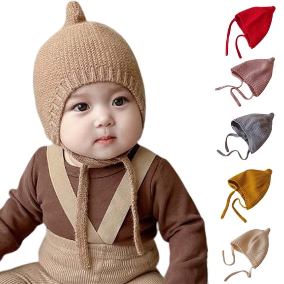 Boys Girls Earflap Beanie Fall Winter Cute Knit Hat Drawstring Warm Thermal Cap for Little Kids