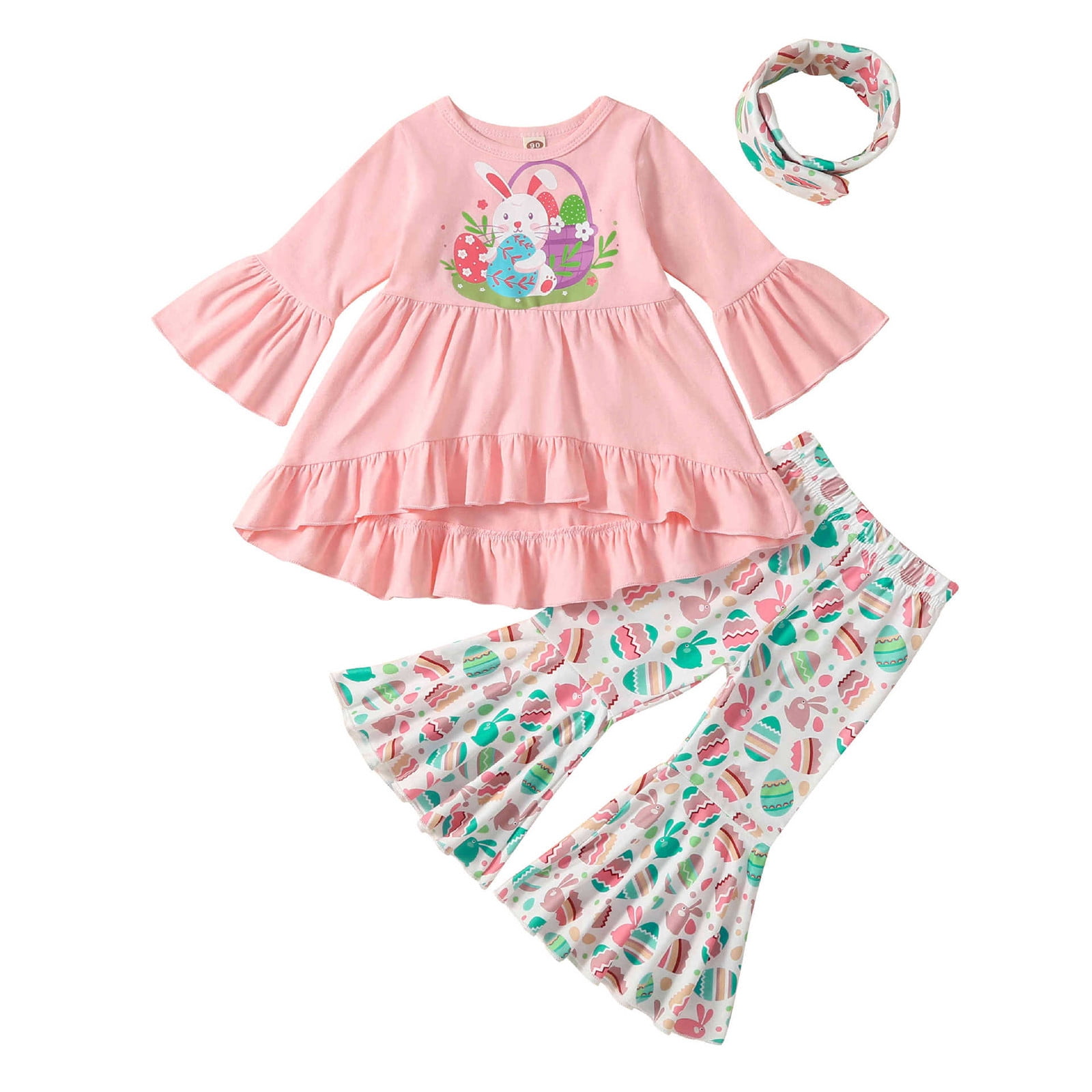 Boys Girls Easter Outfit Mid Sleeve Rabbit Eggs Prints Tops Pants 2