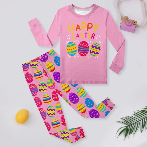Boys Girls Easter Outfit Set Bunny Print Long Sleeve Top And Pant Pj Set Kids Soft Nightwear 2 Piece Holiday Loungewear Sets Pink 2-3 Y