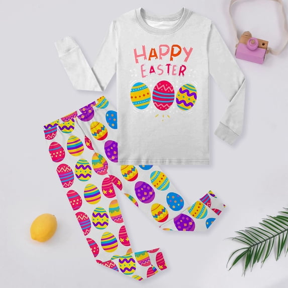 Boys Girls Easter Outfit Set Bunny Print Long Sleeve Top And Pant Pj Set Kids Soft Sleepwear 2 Piece Holiday Loungewear Sets White 5-6 Y