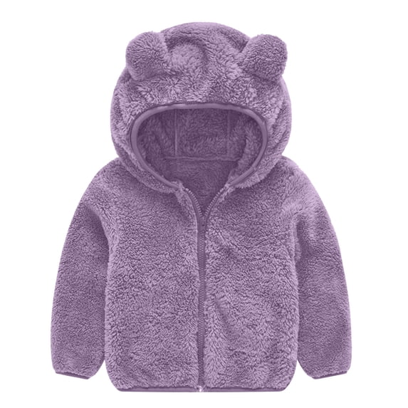 Boys Girls Fall Winter Fleece Hooded Jacket Full Zip Sherpa Warm Coat Long Sleeve Casual Outerwear for Daily Walks & Indoor Play(6M-4Y)