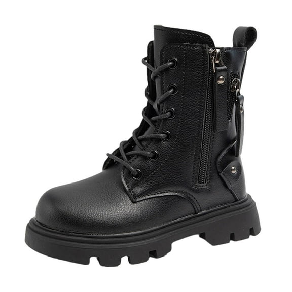 Boys Girls Fashion Combat Boots Leather Waterproof Lace up Short Riding Booties Zipper Fall Winter Boots