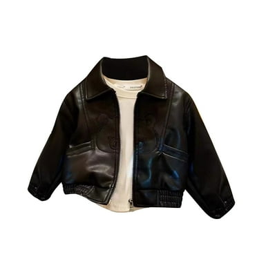 Boys Girls Faux Leather Jackets Bear Pattern Full Zip up Jacket Coat Toddler Kids Motorcycle Outwear 1-11 Yrs (6-7 Years, Black)