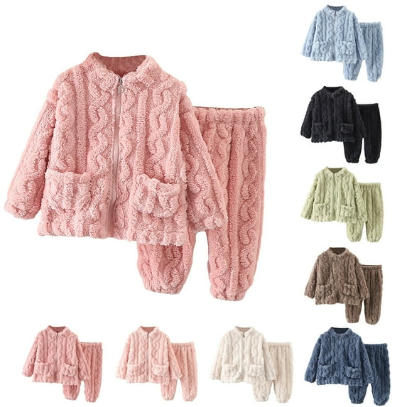 Boys Girls Flannel 𝐏ajamas Crewneck 𝐏js Long Sleeve Zipped Up Jackets Top Pants Set Plain Stand Collar Soft 𝐒leepwear Pockets Warm Winter Outfit - Beige,18-24 Months