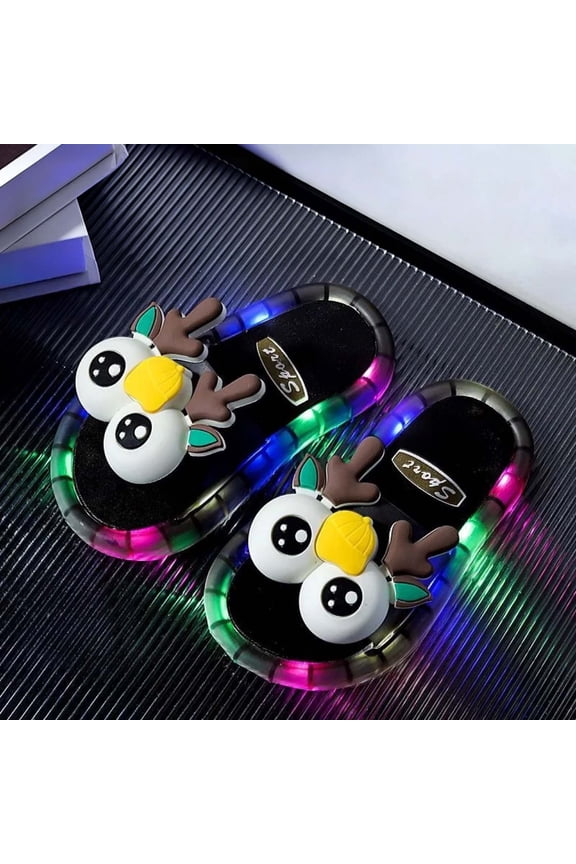 Boys Girls Flashing LED Light Up Slippers Kids Cartoon Open Toe Slides Lightweight Sandals for Party & Daily Play Black Size 5-5.5 Years
