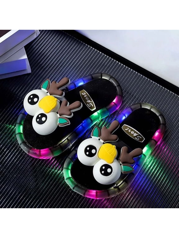 Boys Girls Flashing LED Light Up Slippers Kids Cartoon Open Toe Slides Lightweight Sandals for Party & Daily Play Black Size 5.5-6 Years