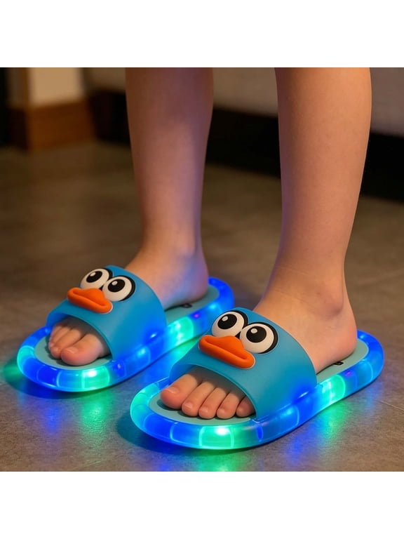 Boys Girls Flashing LED Light Up Slippers Kids Cartoon Open Toe Slides Lightweight Sandals for Party & Daily Play Blue Size 6-7 Years