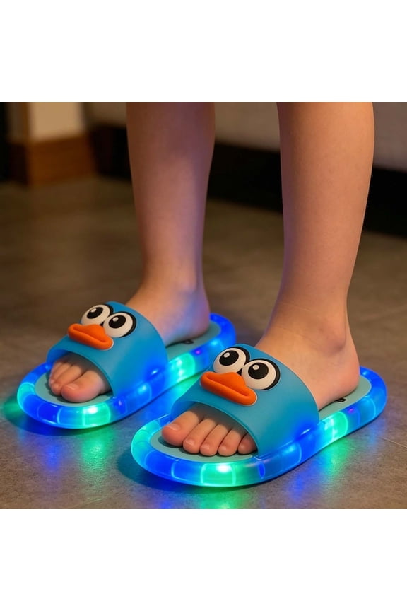 Boys Girls Flashing LED Light Up Slippers Kids Cartoon Open Toe Slides Lightweight Sandals for Party & Daily Play Blue Size 8-9 Years