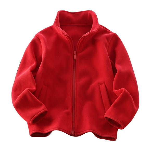 Boys Girls Fleece Jacket Stand Collar Full Zip Up Long Sleeve Pockets Sherpa Sweater Coat Kids Outerwear (12 Years, Red)