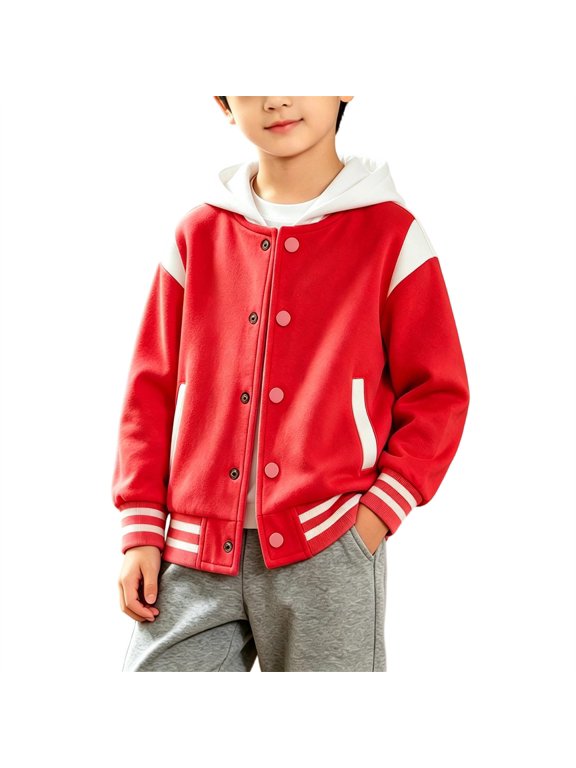 Boys Girls Fleece Lined Hoodies Bomber Jacket Classic Retro Varsity Coats Button Front Thick Warm Baseball Hooded Sweatshirts
