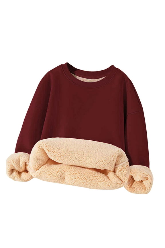 Boys Girls Fleece Lined Pullover Tops Crewneck Sherpa Sweaters Kids Warm Winter Clothes Solid Color (15-16 Years, Wine)
