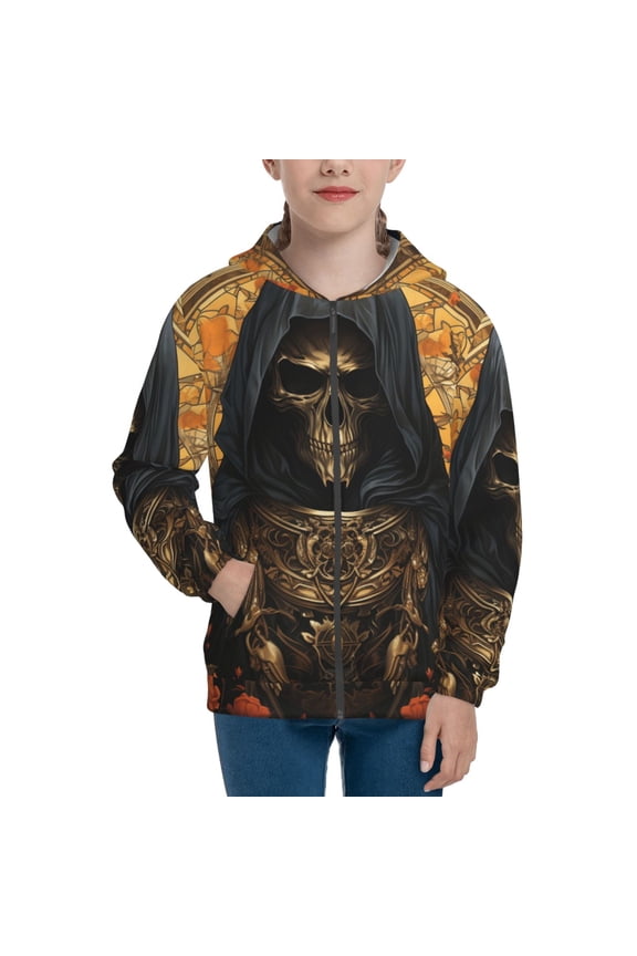 Boys Girls Full Zip Hoodies Kids Zipper Hooded Sweatshirt, Cool Death Skull Grim Reaper Art
